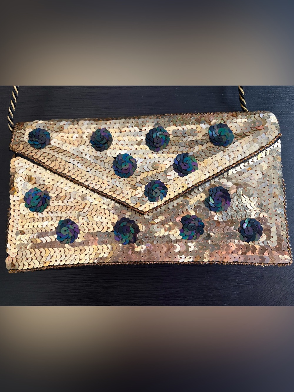 VTG Gold Sequin Evening Crossbody Clutch Purse Black Iridescent Beaded Bag